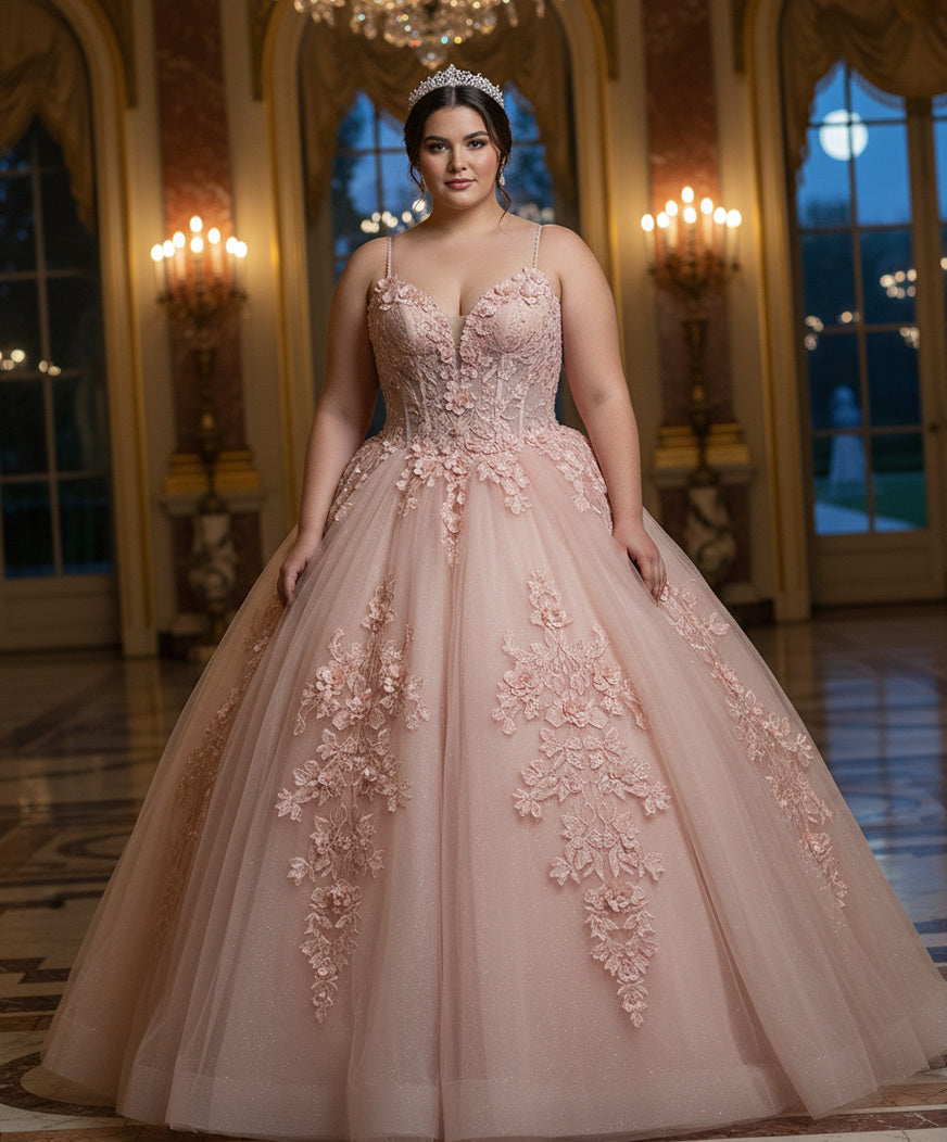 Jovani Q43431 - Plunging Neck Floral Lace Ballgown Prom Dresses in In Pink