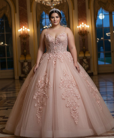 Jovani Q43431 - Plunging Neck Floral Lace Ballgown Prom Dresses in In Pink