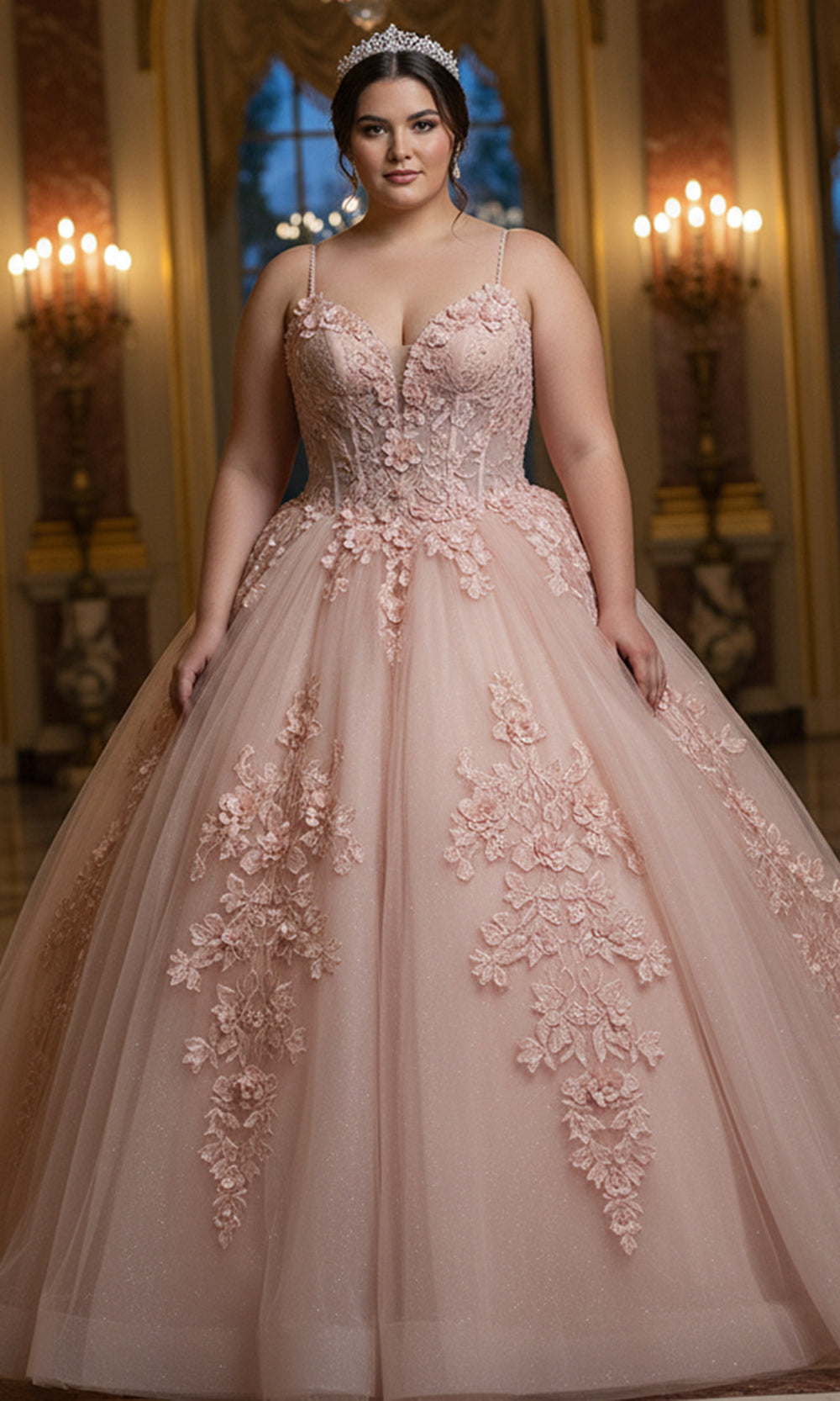 Jovani Q43431 - Plunging Neck Floral Lace Ballgown