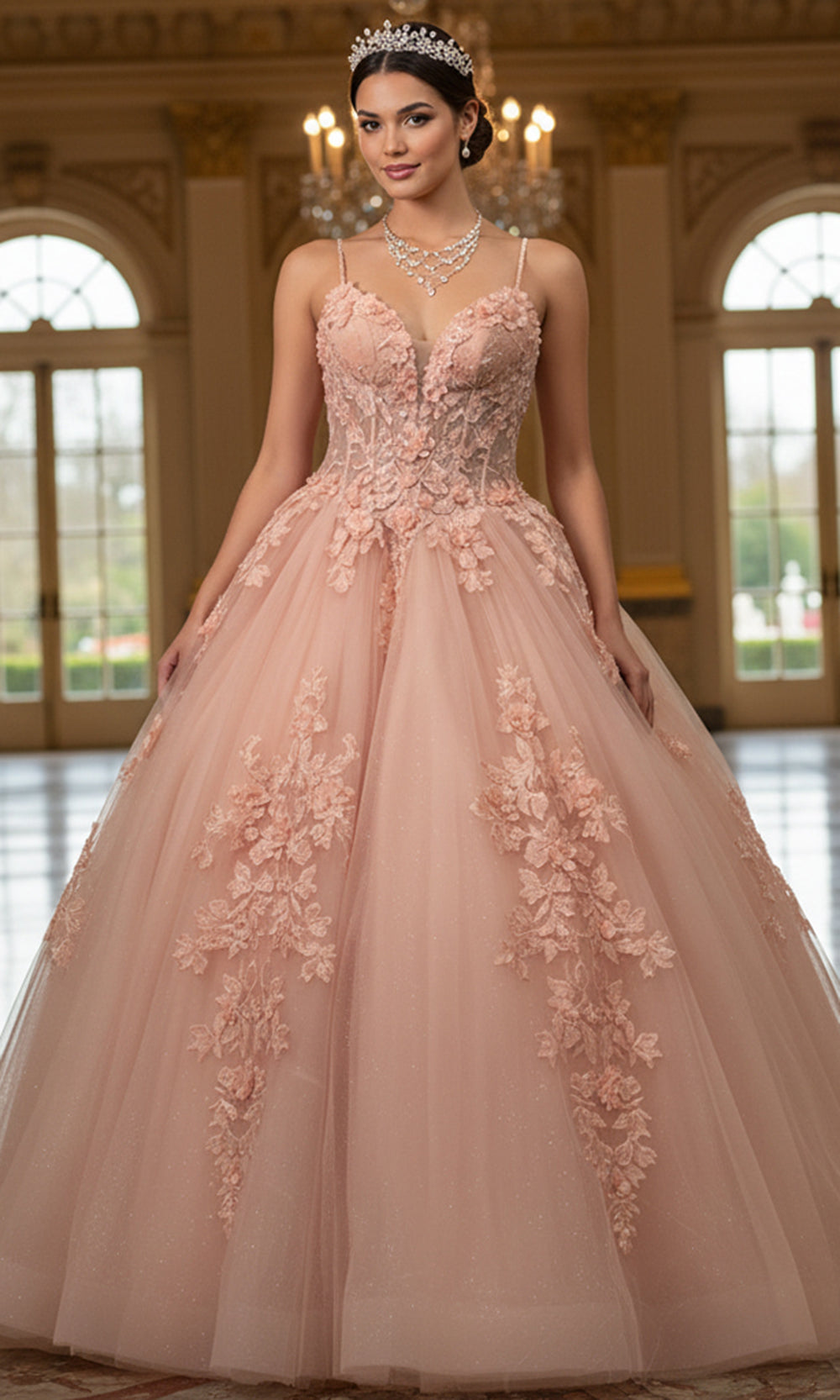 Jovani Q43431 - Plunging Neck Floral Lace Ballgown