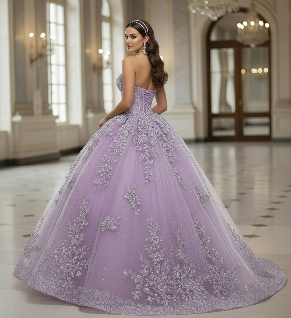 Jovani Q43432 - Floral Lace Sweetheart Corset Ballgown Quinceanera Dresses in In Purple