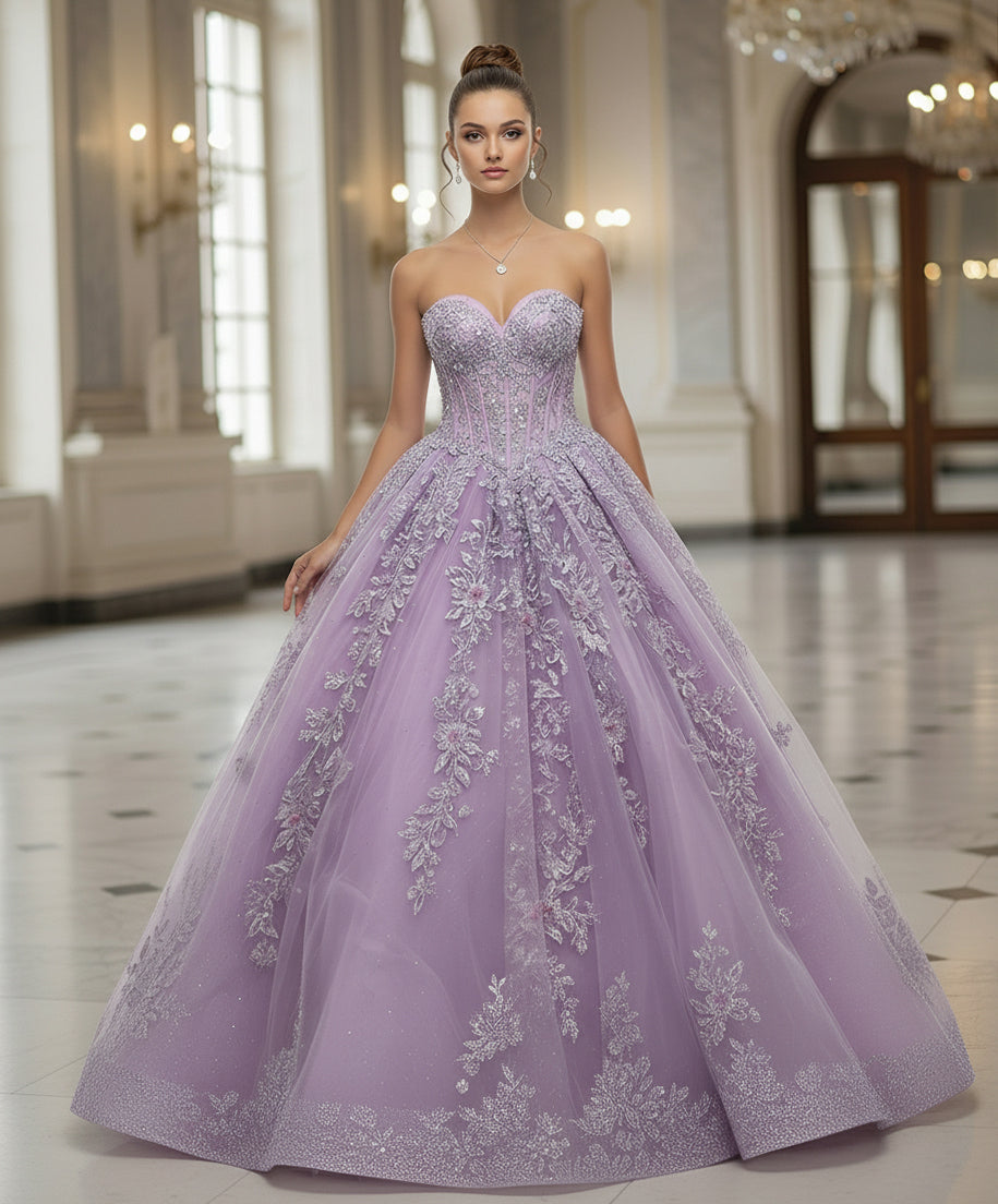 Jovani Q43432 - Floral Lace Sweetheart Corset Ballgown Quinceanera Dresses in In Purple