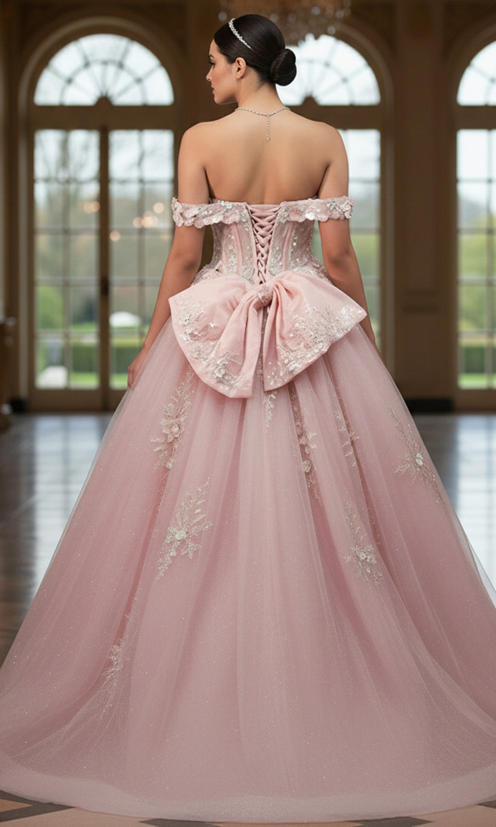 Jovani Q43434 - Bow Back Embroidered Ballgown
