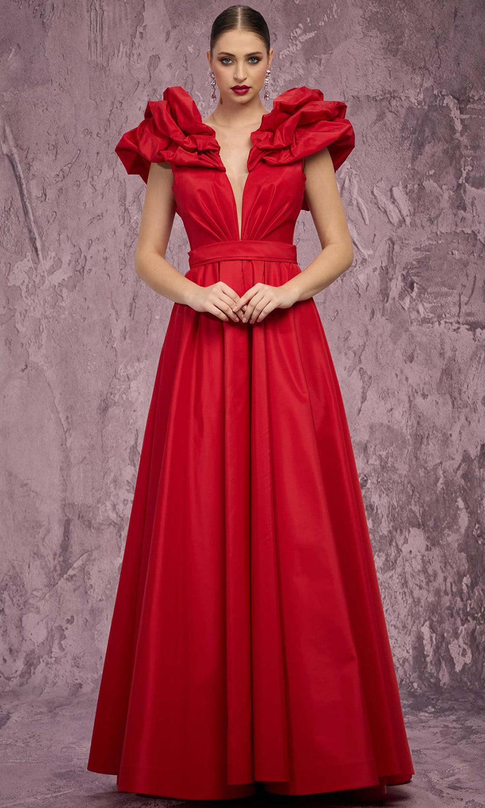 MNM COUTURE Q4363 - Plunging V-Neck Puff Sleeve Long Gown Mother of the Bride Dresses in Red 