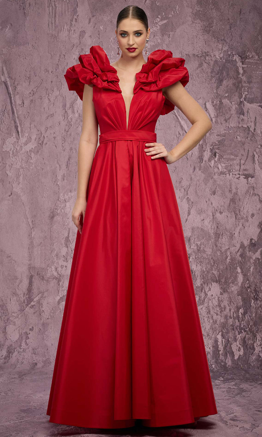 MNM COUTURE Q4363 - Plunging V-Neck Puff Sleeve Long Gown Mother of the Bride Dresses in Red 