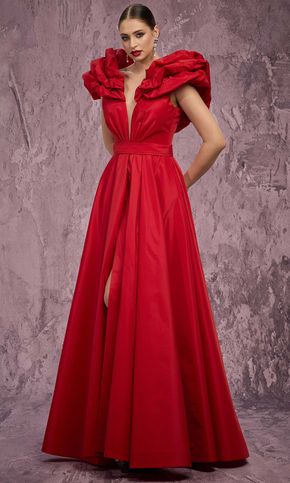 MNM COUTURE Q4363 - Plunging V-Neck Puff Sleeve Long Gown Mother of the Bride Dresses in Red 