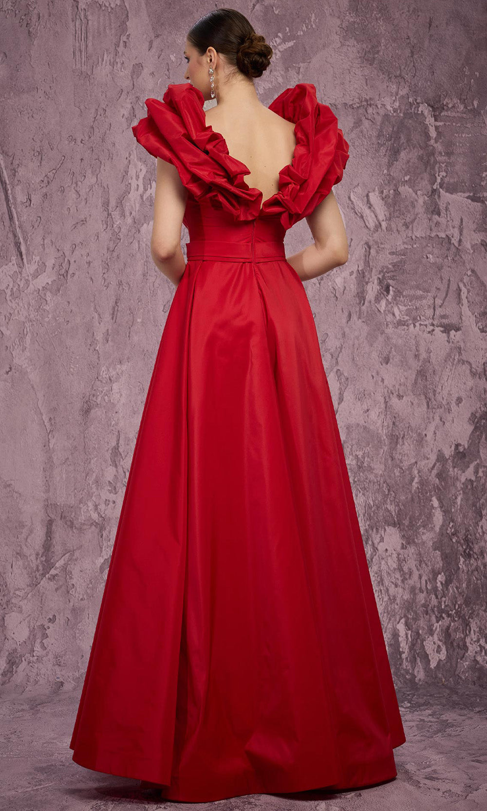 MNM COUTURE Q4363 - Plunging V-Neck Puff Sleeve Long Gown Mother of the Bride Dresses in Red 