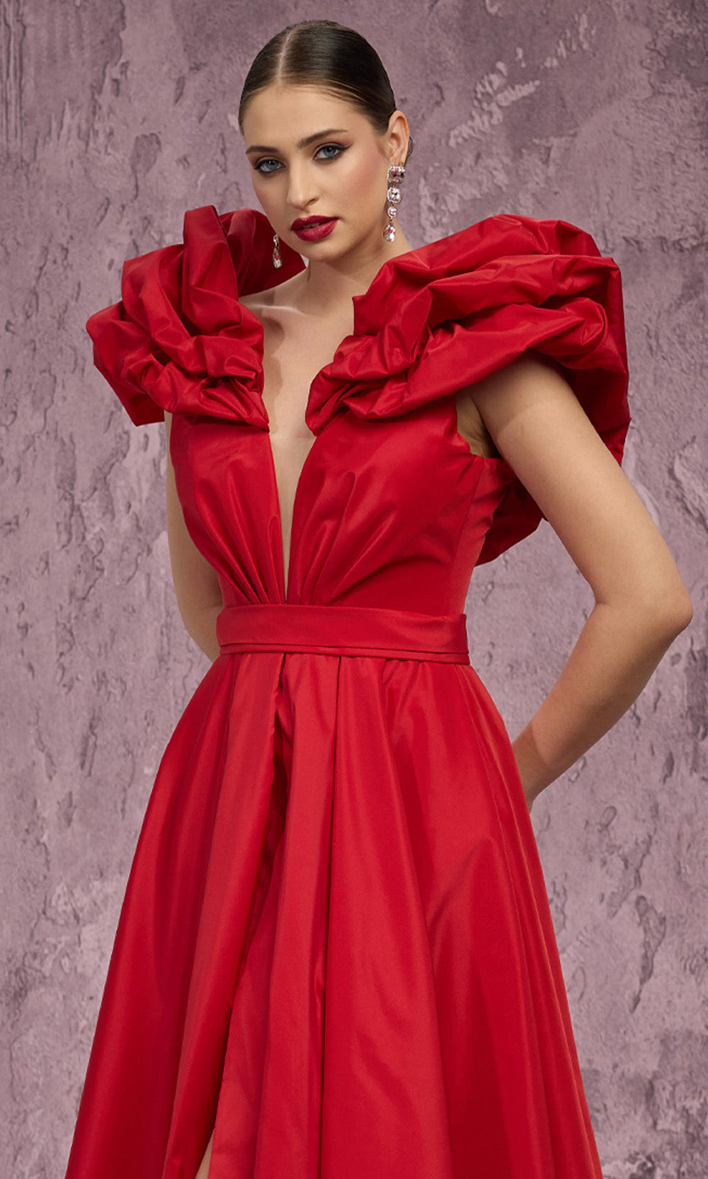 MNM COUTURE Q4363 - Plunging V-Neck Puff Sleeve Long Gown Mother of the Bride Dresses in Red 