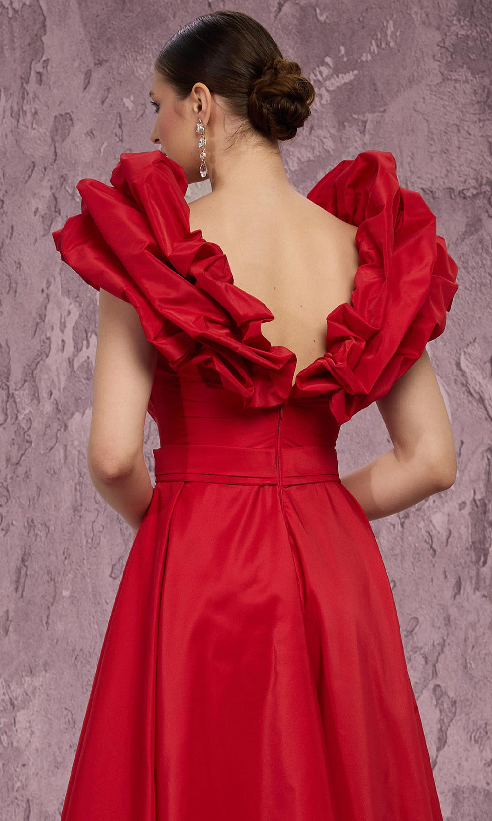 MNM COUTURE Q4363 - Plunging V-Neck Puff Sleeve Long Gown Mother of the Bride Dresses in Red 