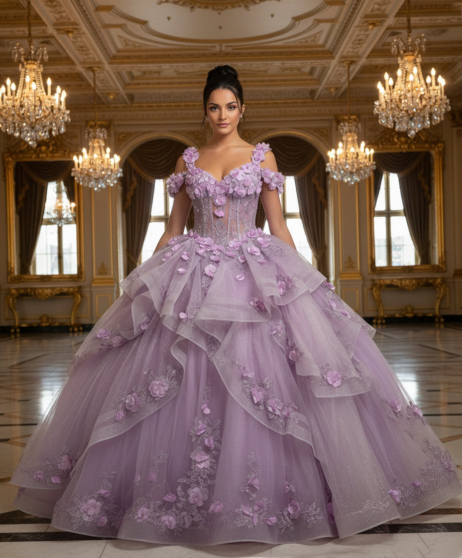 Jovani Q43810 - Layered Tulle Floral Ballgown Quinceanera Dresses In Purple