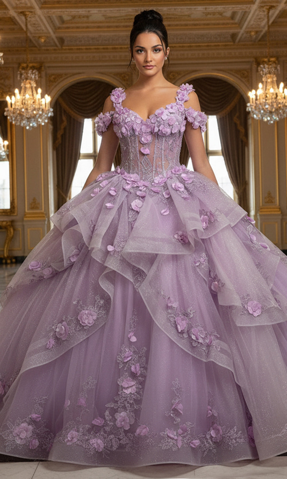 Jovani Q43810 - Layered Tulle Floral Ballgown