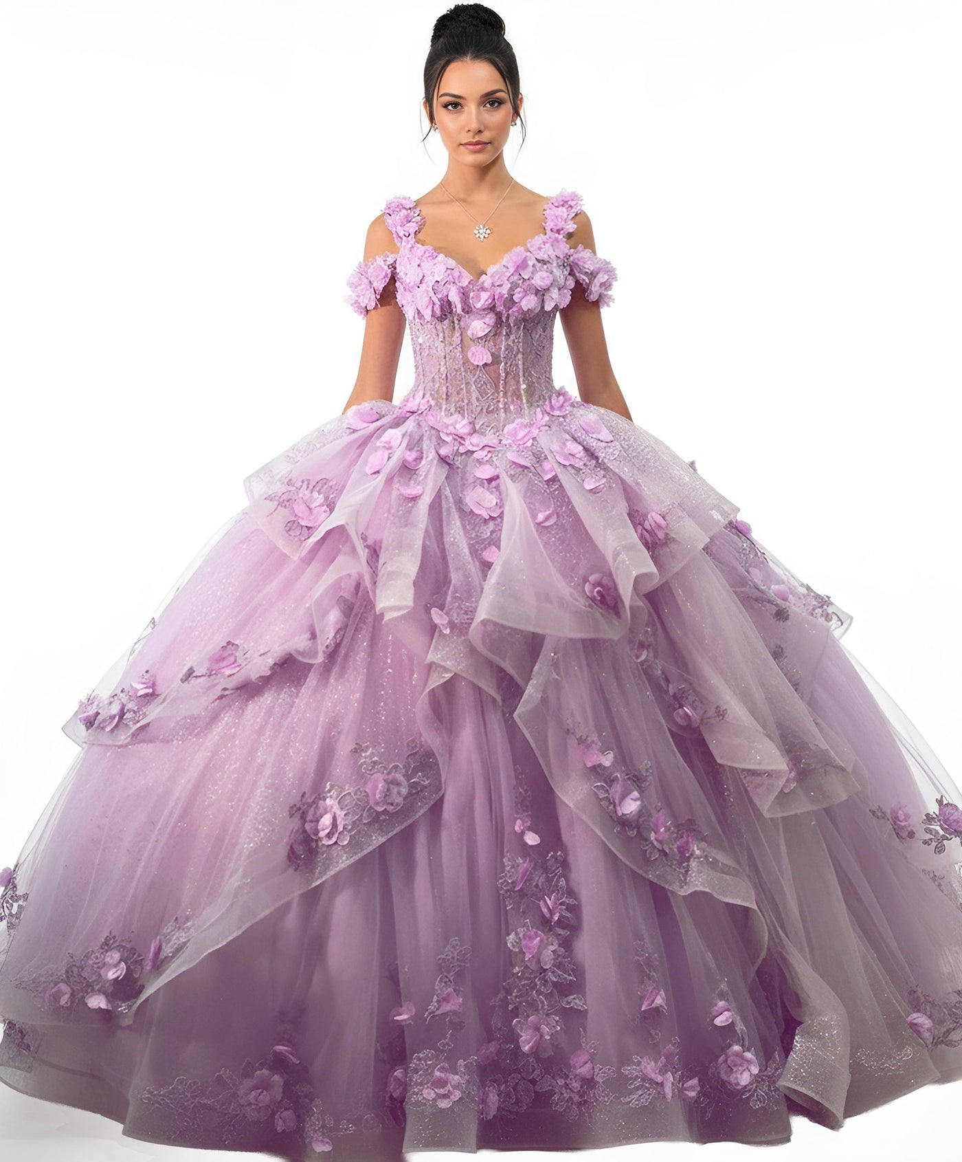 Jovani Q43810 - Layered Tulle Floral Ballgown Quinceanera Dresses In Purple