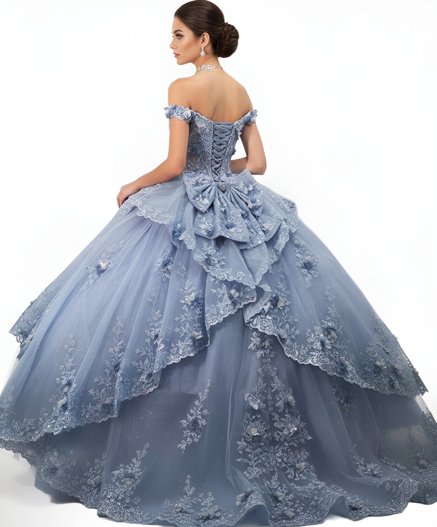Jovani Q43820 - Sheer Bodice Floral Applique Ballgown Quinceanera Dresses In Blue