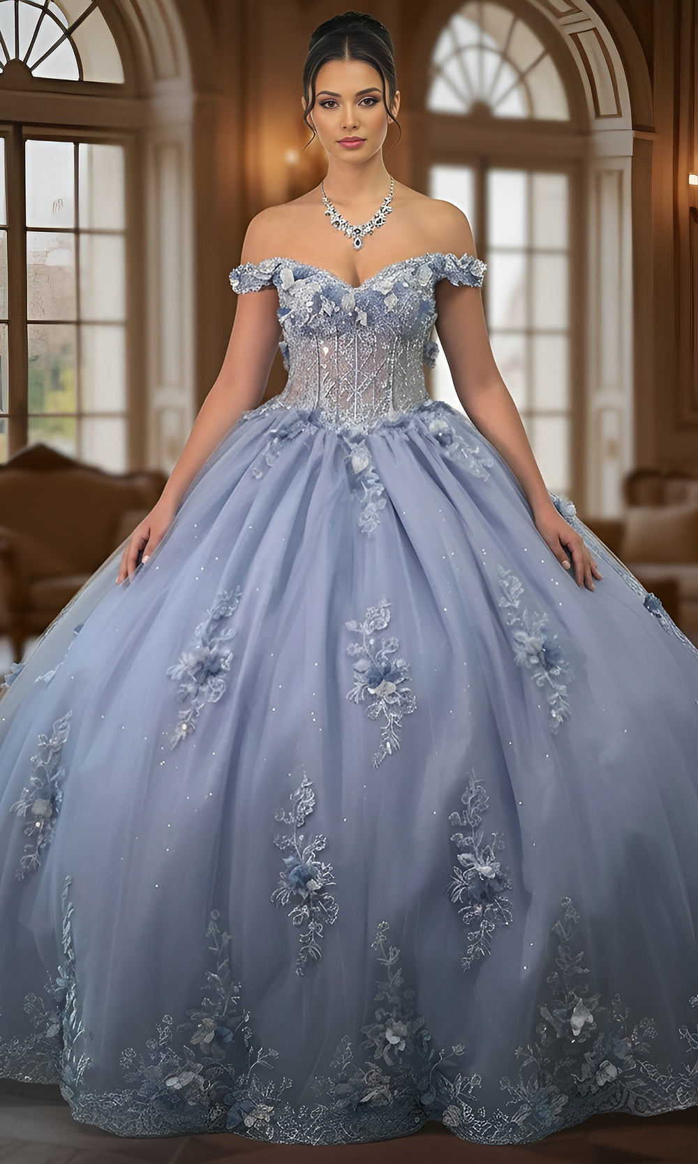 Jovani Q43820 - Sheer Bodice Floral Applique Ballgown
