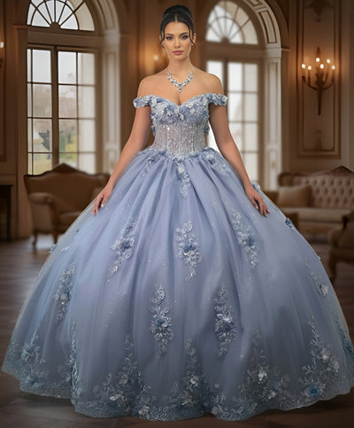 Jovani Q43820 - Sheer Bodice Floral Applique Ballgown Quinceanera Dresses In Blue