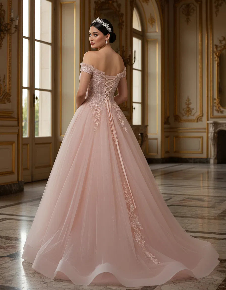 Jovani Q44558 - Off Shoulder Glitter Tulle Ballgown