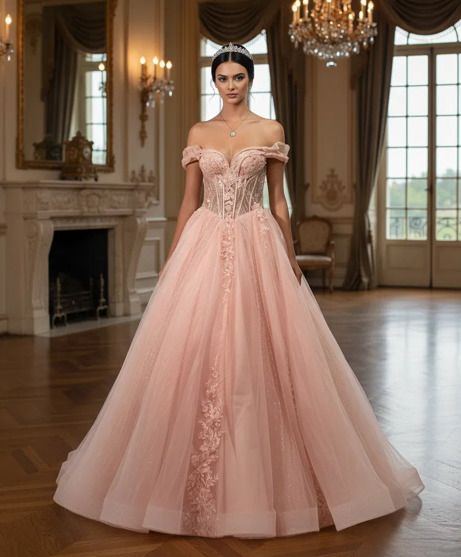 Jovani Q44558 - Off Shoulder Glitter Tulle Ballgown