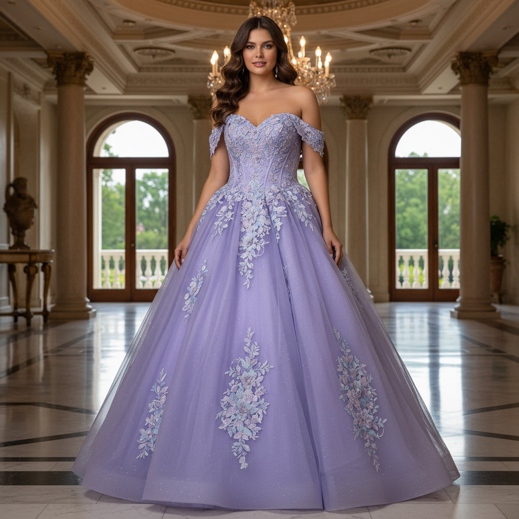Jovani Q44960 - Floral Embellished Lace-Up Back Ballgown Quinceanera Dresses in In Purple