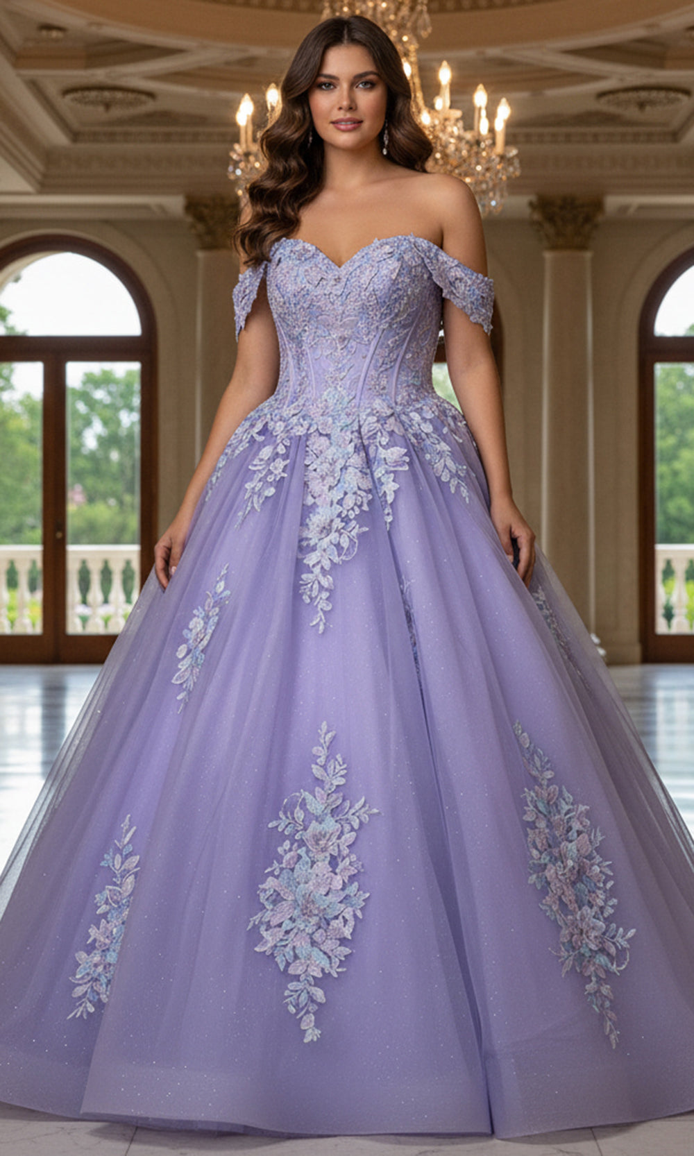 Jovani Q44960 - Floral Embellished Lace-Up Back Ballgown