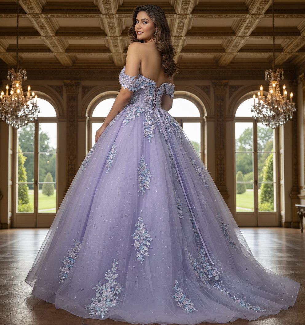 Jovani Q44960 - Floral Embellished Lace-Up Back Ballgown Quinceanera Dresses in In Purple