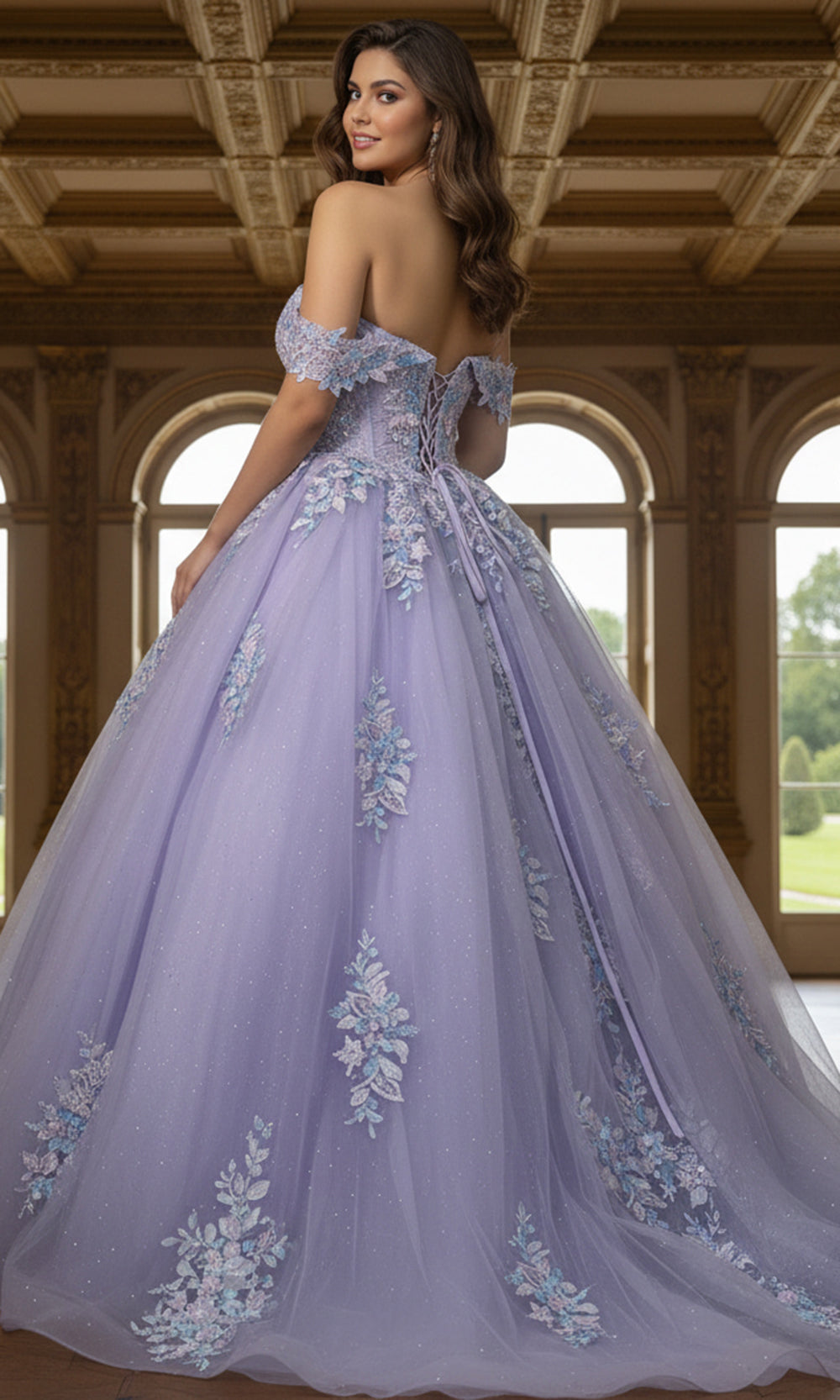 Jovani Q44960 - Floral Embellished Lace-Up Back Ballgown