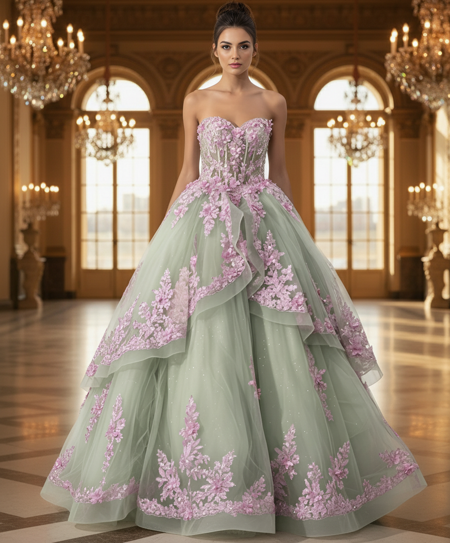 Jovani Q45685 - Sweetheart Bodice Floral Applique Ballgown Quinceanera Dresses in Green and Purple
