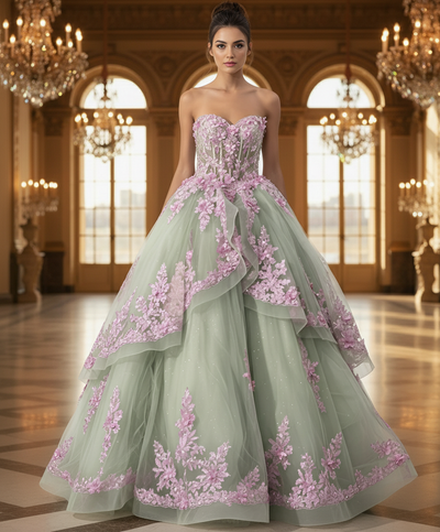 Jovani Q45685 - Sweetheart Bodice Floral Applique Ballgown Quinceanera Dresses in Green and Purple
