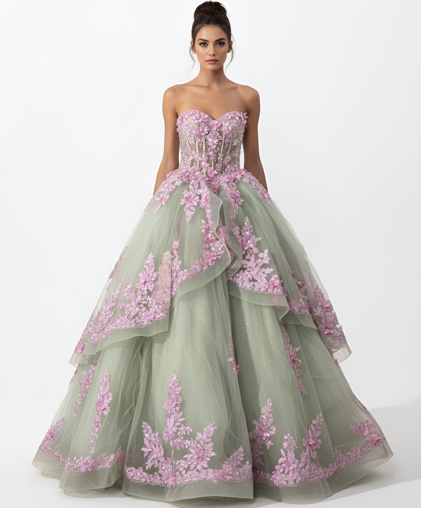 Jovani Q45685 - Sweetheart Bodice Floral Applique Ballgown Quinceanera Dresses in Green and Purple