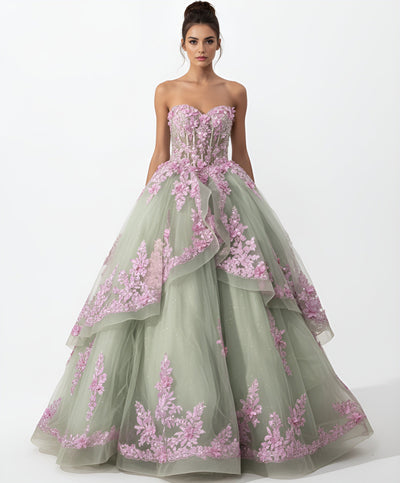 Jovani Q45685 - Sweetheart Bodice Floral Applique Ballgown Quinceanera Dresses in Green and Purple