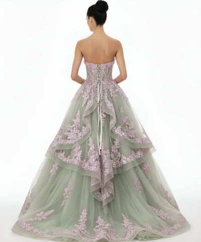 Jovani Q45685 - Sweetheart Bodice Floral Applique Ballgown Quinceanera Dresses in Green and Purple