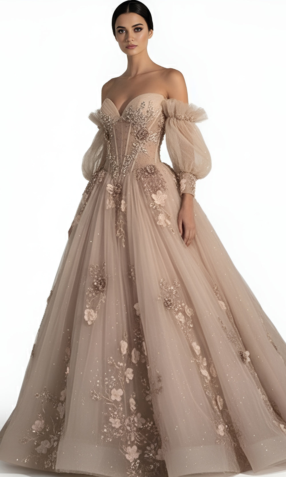 Jovani Q46662 - Embroidered Tulle Ballgown with Puff Sleeves
