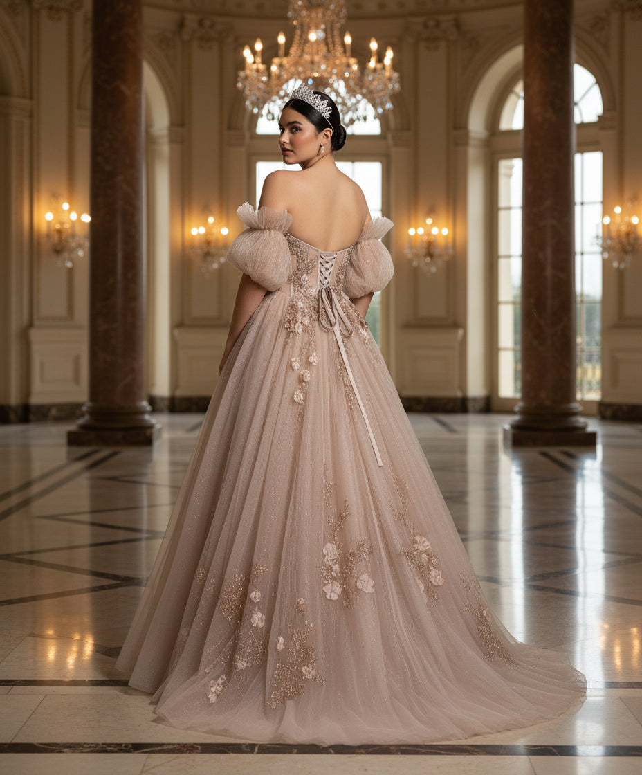 Jovani Q46662 - Embroidered Tulle Ballgown with Puff Sleeves Quinceanera Dresses In Brown