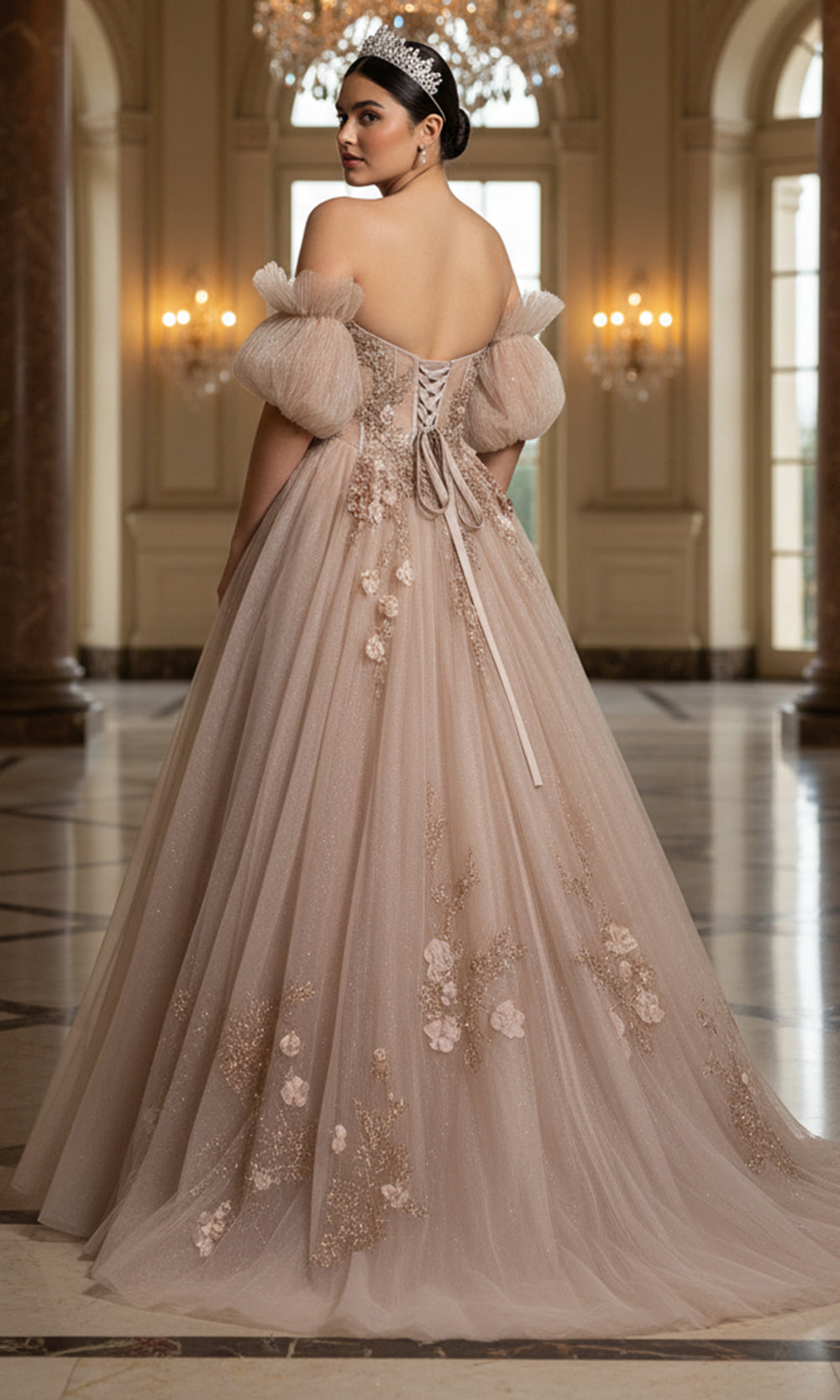 Jovani Q46662 - Embroidered Tulle Ballgown with Puff Sleeves