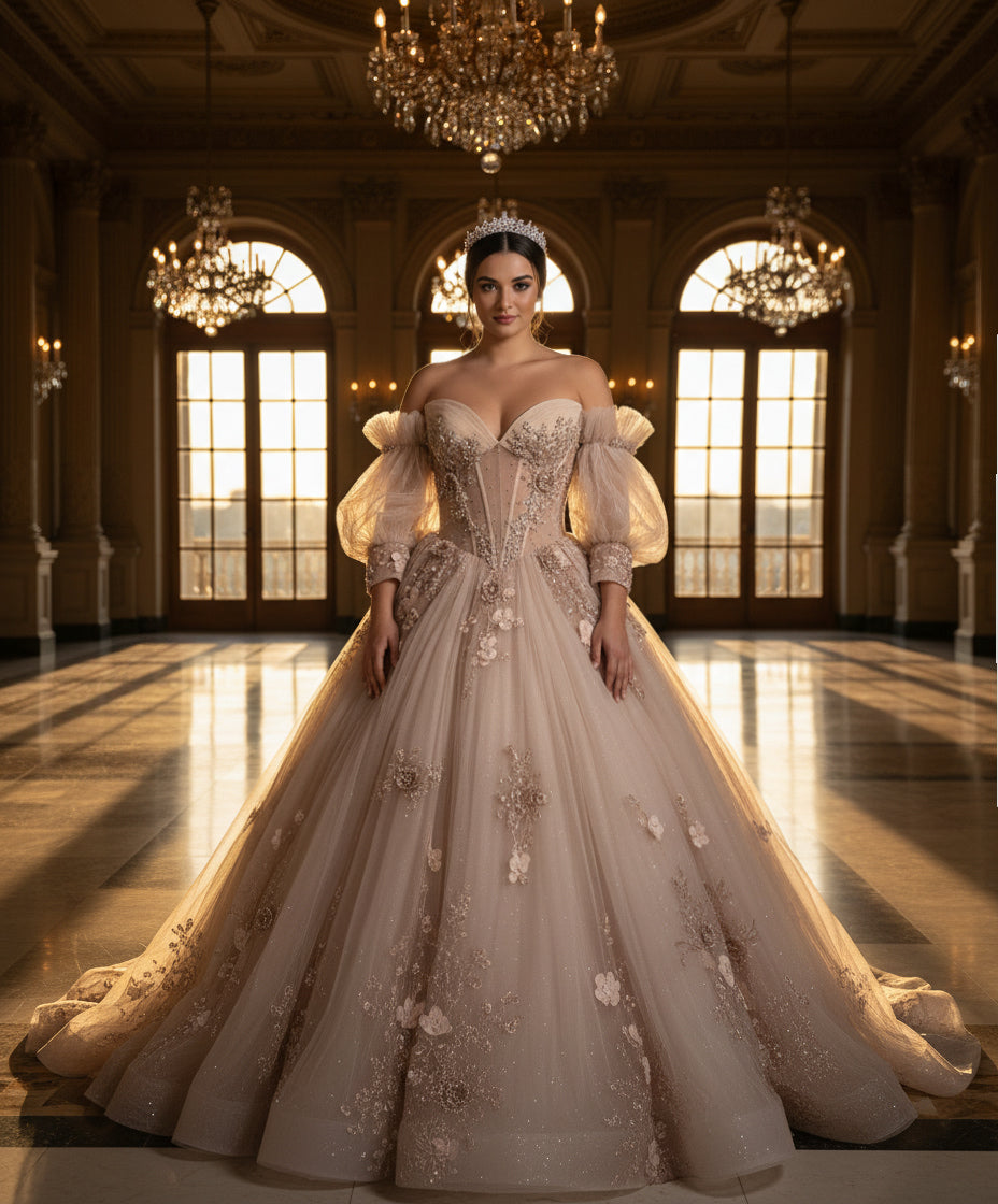 Jovani Q46662 - Embroidered Tulle Ballgown with Puff Sleeves Quinceanera Dresses In Brown