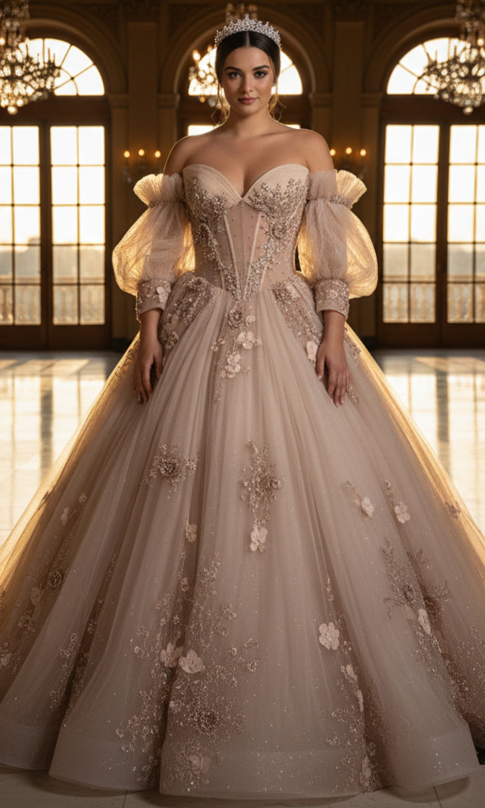 Jovani Q46662 - Embroidered Tulle Ballgown with Puff Sleeves