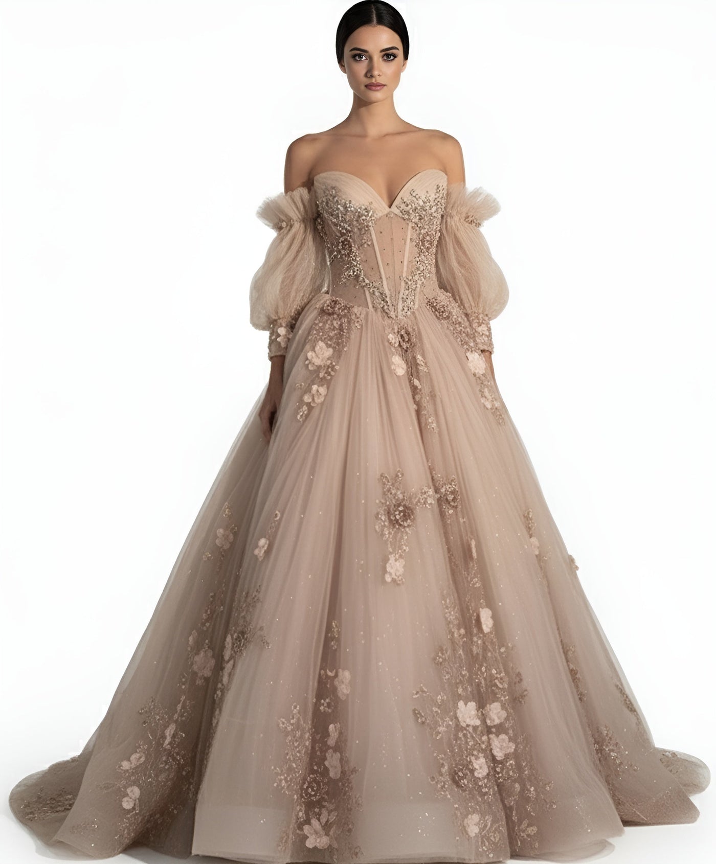 Jovani Q46662 - Embroidered Tulle Ballgown with Puff Sleeves Quinceanera Dresses In Brown