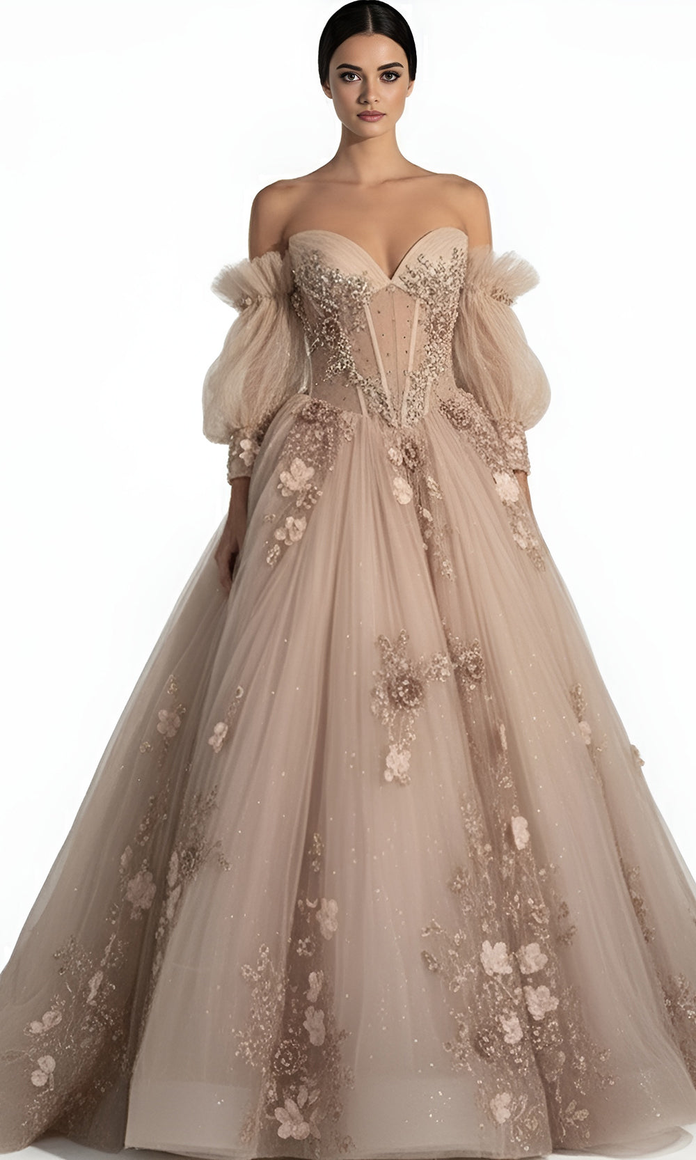 Jovani Q46662 - Embroidered Tulle Ballgown with Puff Sleeves
