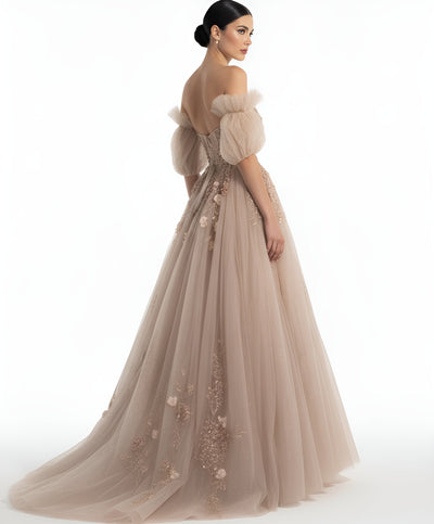 Jovani Q46662 - Embroidered Tulle Ballgown with Puff Sleeves Quinceanera Dresses In Brown