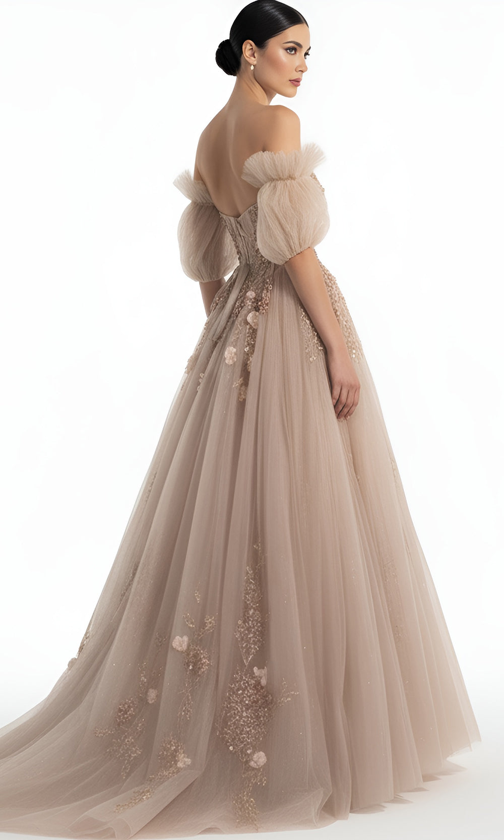 Jovani Q46662 - Embroidered Tulle Ballgown with Puff Sleeves