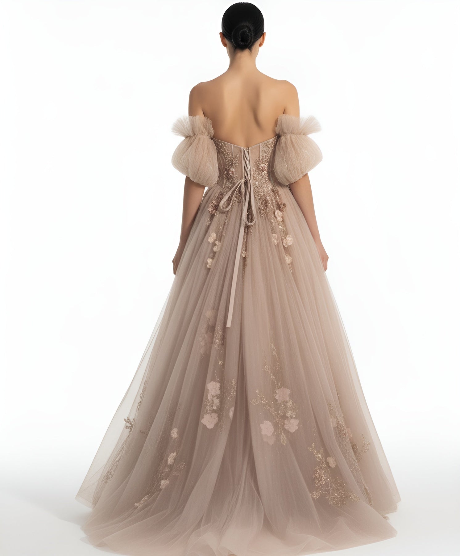 Jovani Q46662 - Off Shoulder Puff Sleeve Applique Ballgown In Brown