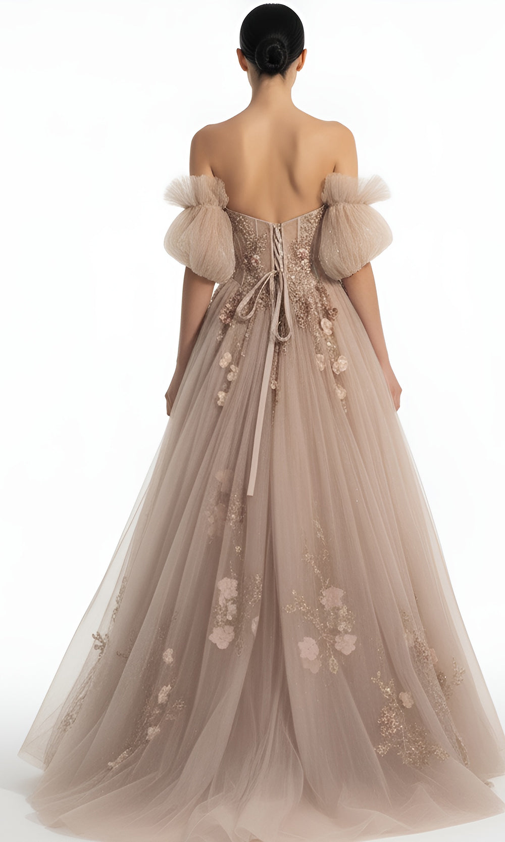 Jovani Q46662 - Embroidered Tulle Ballgown with Puff Sleeves