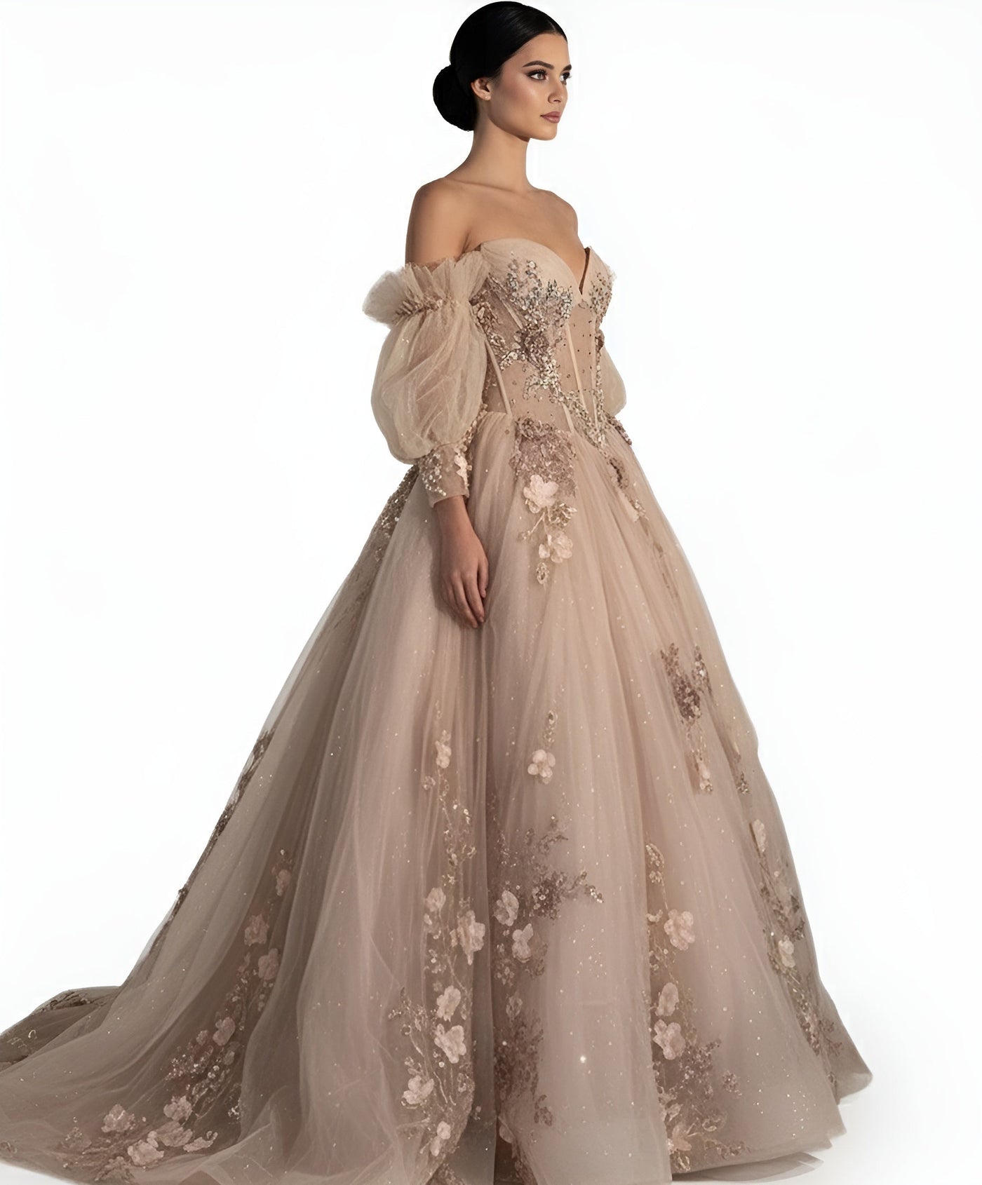 Jovani Q46662 - Embroidered Tulle Ballgown with Puff Sleeves Quinceanera Dresses In Brown