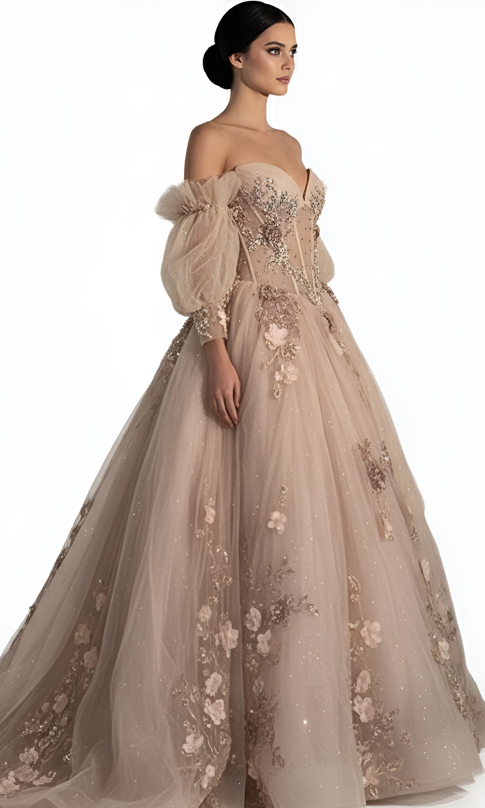 Jovani Q46662 - Embroidered Tulle Ballgown with Puff Sleeves