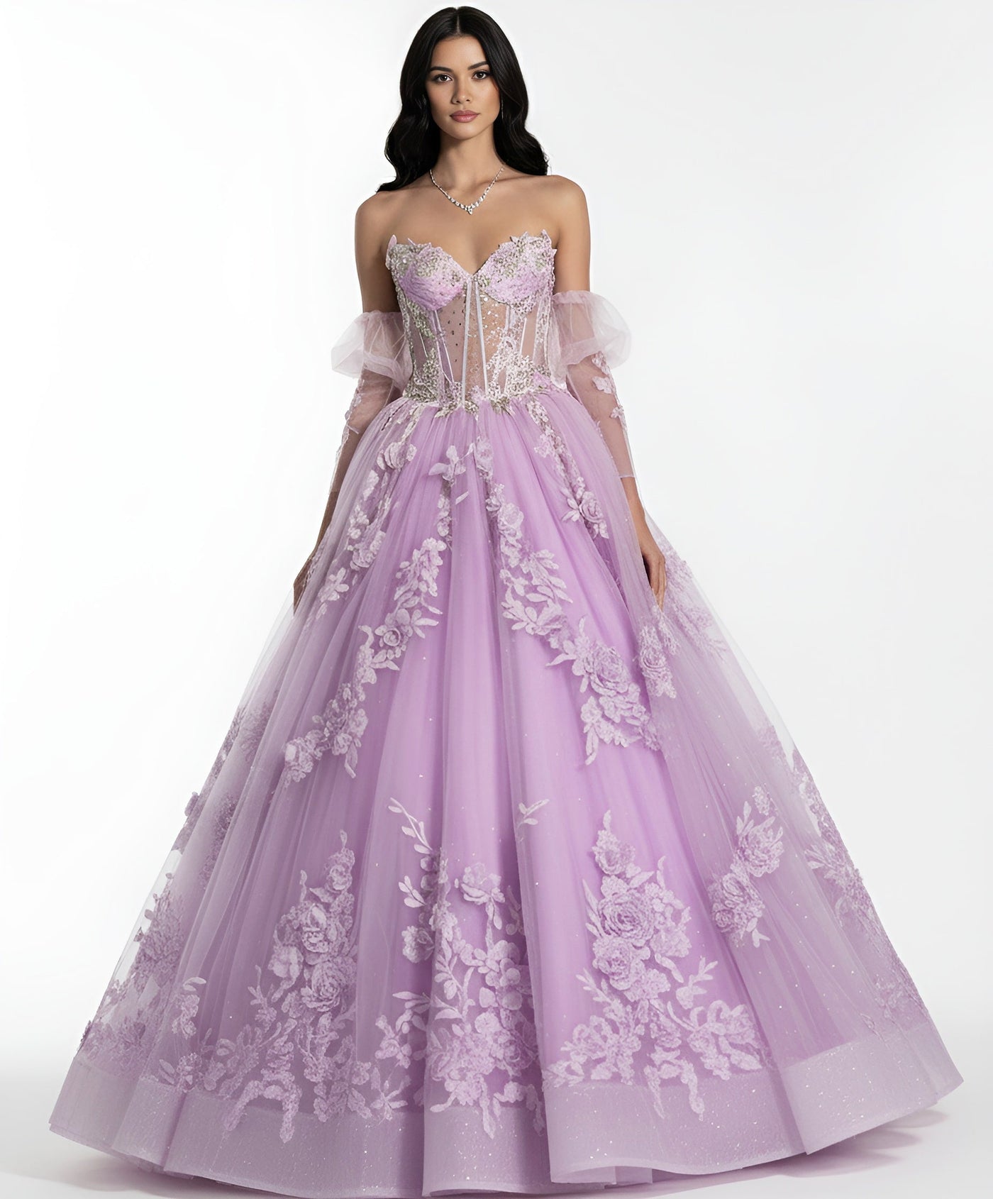 Jovani Q46664 - Floral Embroidered Puff Sleeve Ballgown Quinceanera Dresses in In Purple