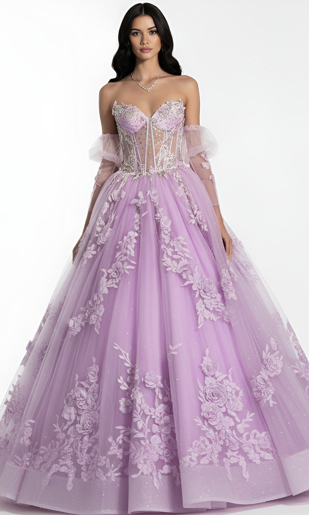 Jovani Q46664 - Floral Embroidered Puff Sleeve Ballgown