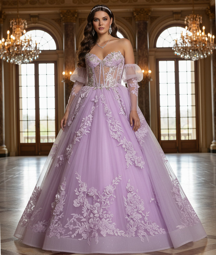 Jovani Q46664 - Floral Embroidered Puff Sleeve Ballgown Quinceanera Dresses in In Purple