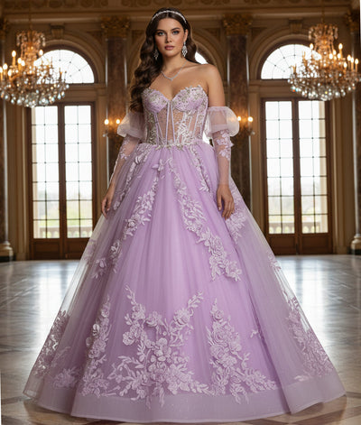 Jovani Q46664 - Floral Embroidered Puff Sleeve Ballgown Quinceanera Dresses in In Purple