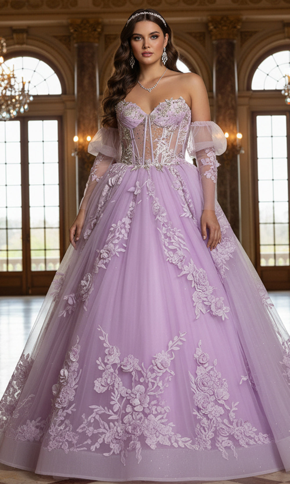 Jovani Q46664 - Floral Embroidered Puff Sleeve Ballgown