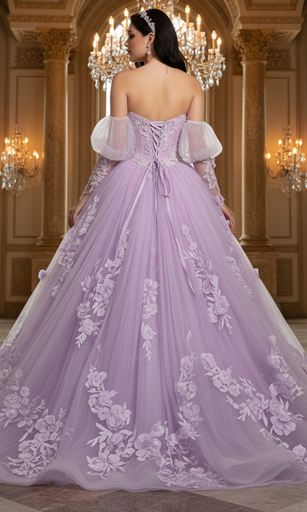 Jovani Q46664 - Floral Embroidered Puff Sleeve Ballgown