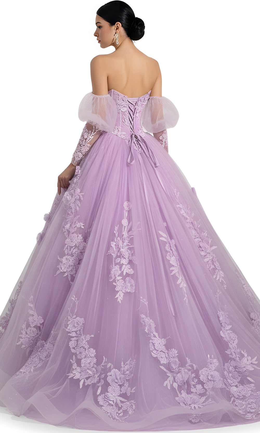 Jovani Q46664 - Floral Embroidered Puff Sleeve Ballgown
